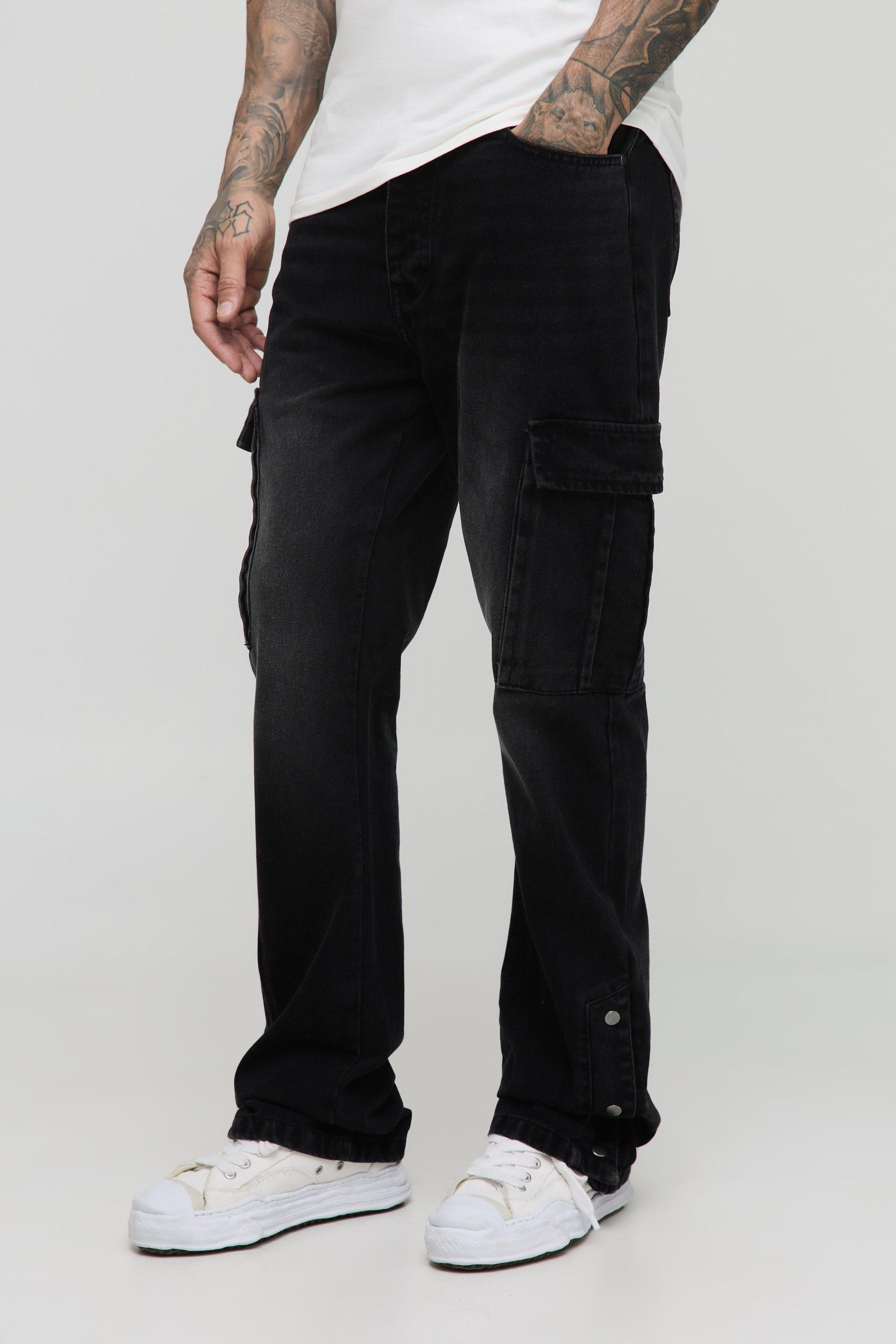 Mens Black Tall Heavyweight Slim Flare Popper Hem Twill Cargo Trousers, Black